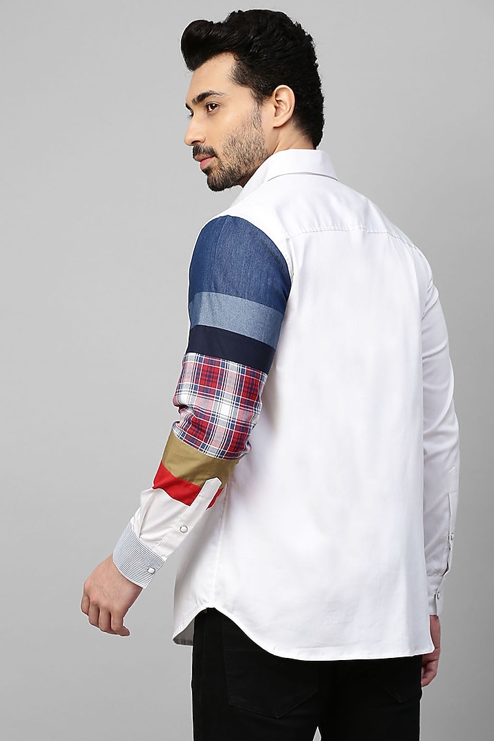 White Cotton Blend Shirt With Patchwork by ECHKE Men at Pernia