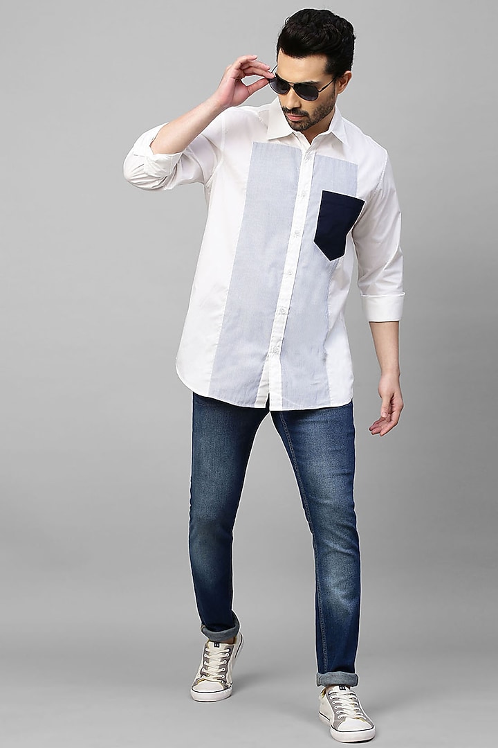 White Cotton Blend Striped Party Wear Shirt by ECHKE Men at Pernia's Pop Up Shop