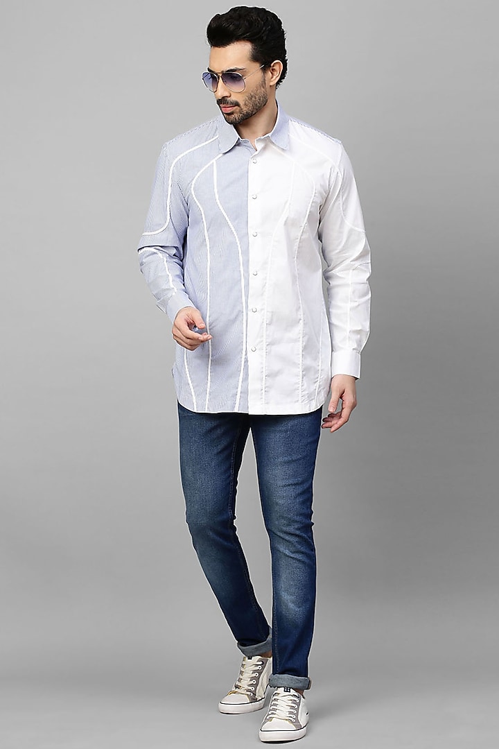White Cotton Blend Shirt With Stripes by ECHKE Men