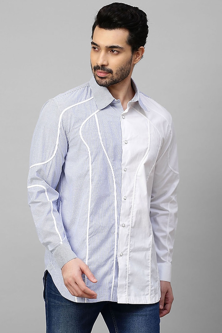 White Cotton Blend Party Wear Shirt With Stripes by ECHKE Men at Pernia's Pop Up Shop