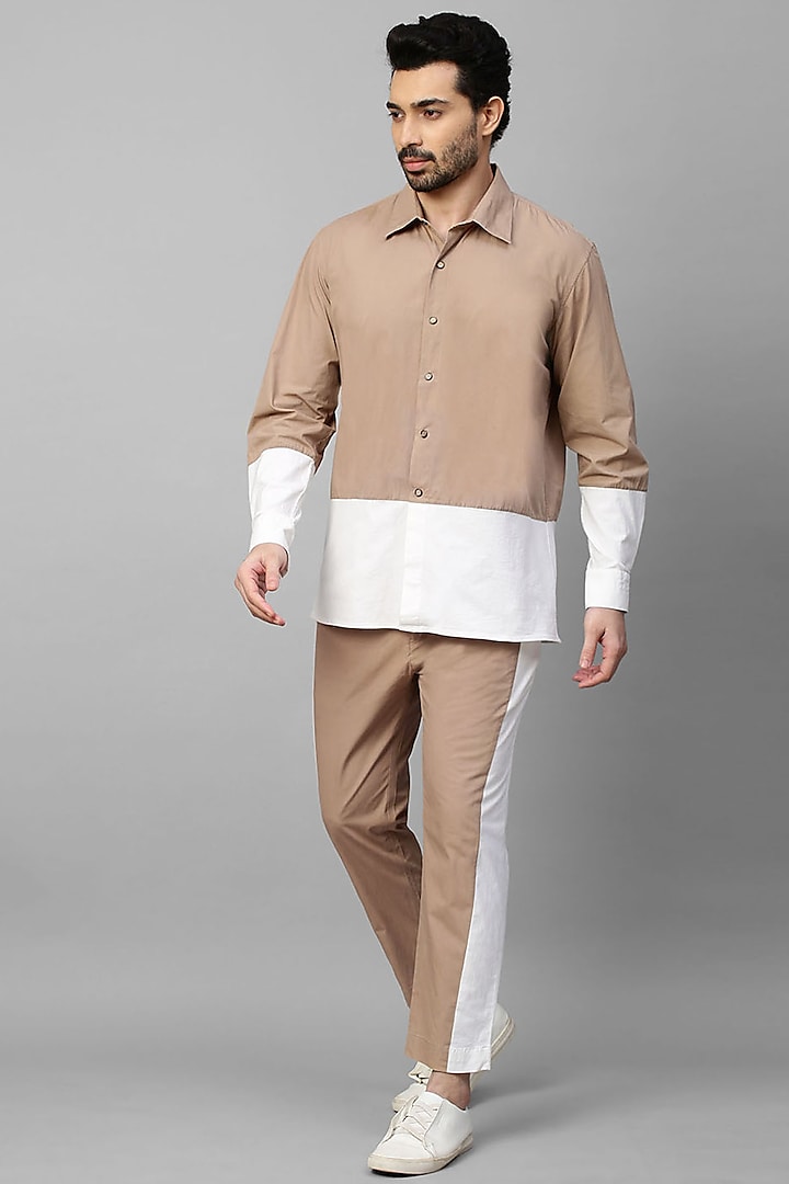 Khaki & White Cotton Blend Co-Ord Set by ECHKE Men