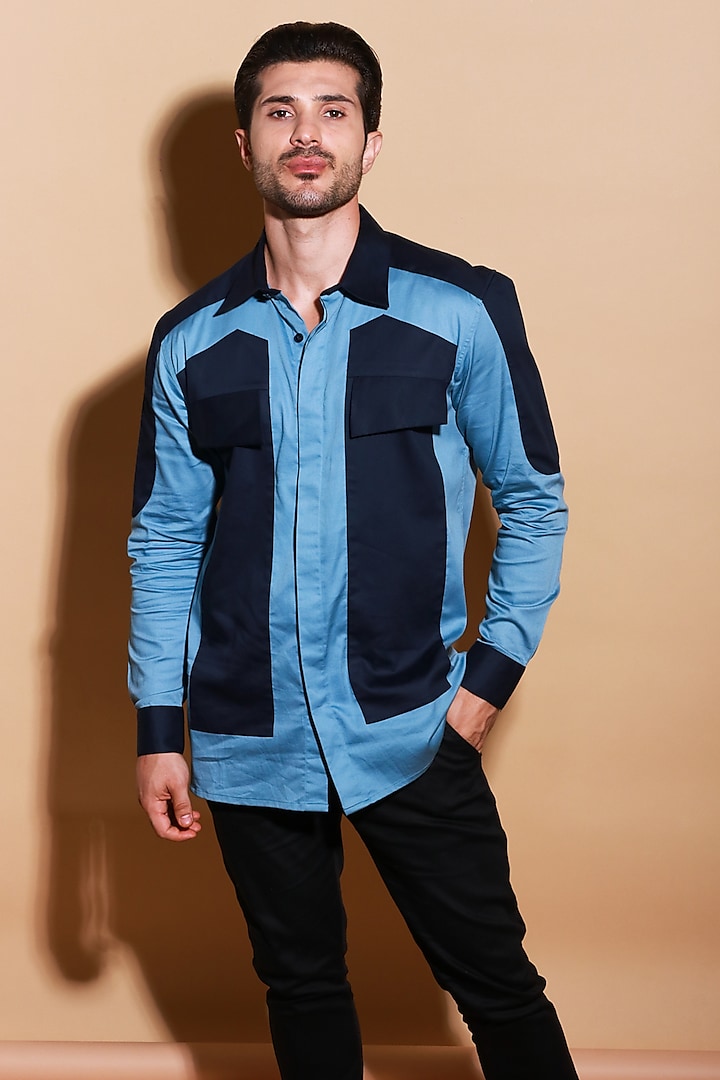 Slate Blue Lycra Shirt by ECHKE Men at Pernia's Pop Up Shop