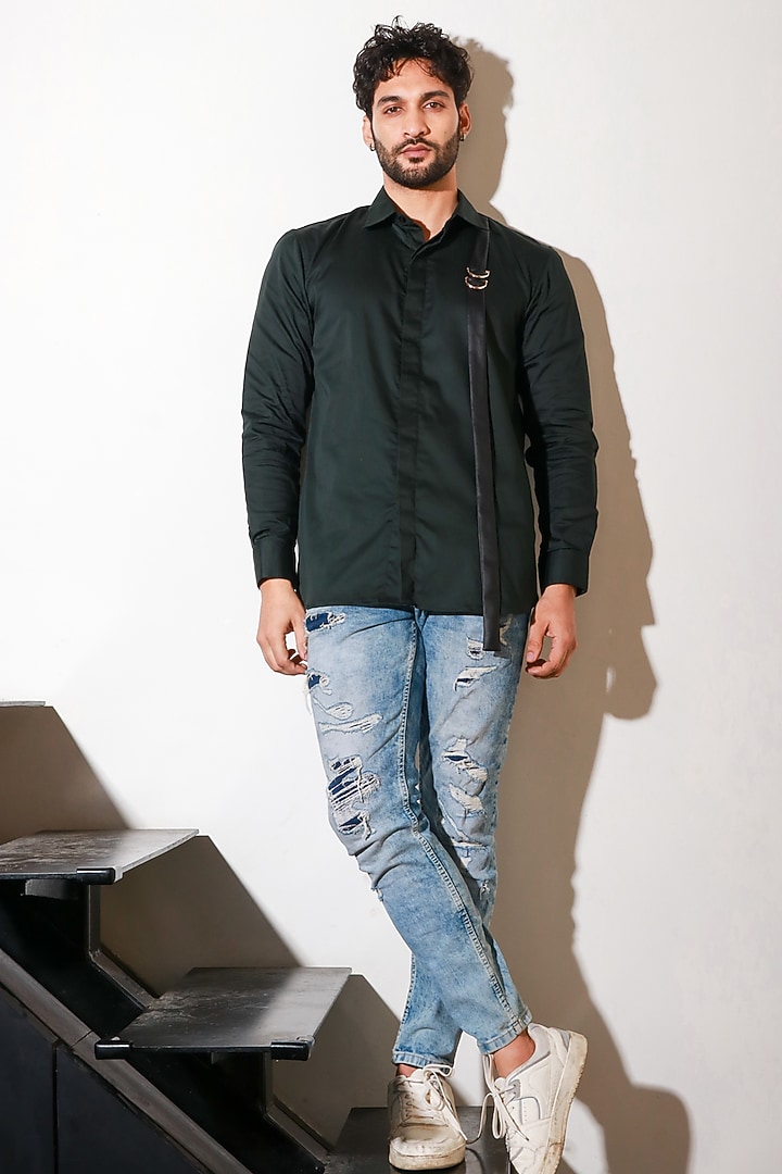 Green Lycra Party Wear Shirt by ECHKE Men at Pernia's Pop Up Shop