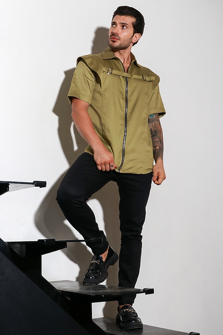Moss Green Lycra Party Wear Shirt by ECHKE Men at Pernia's Pop Up Shop