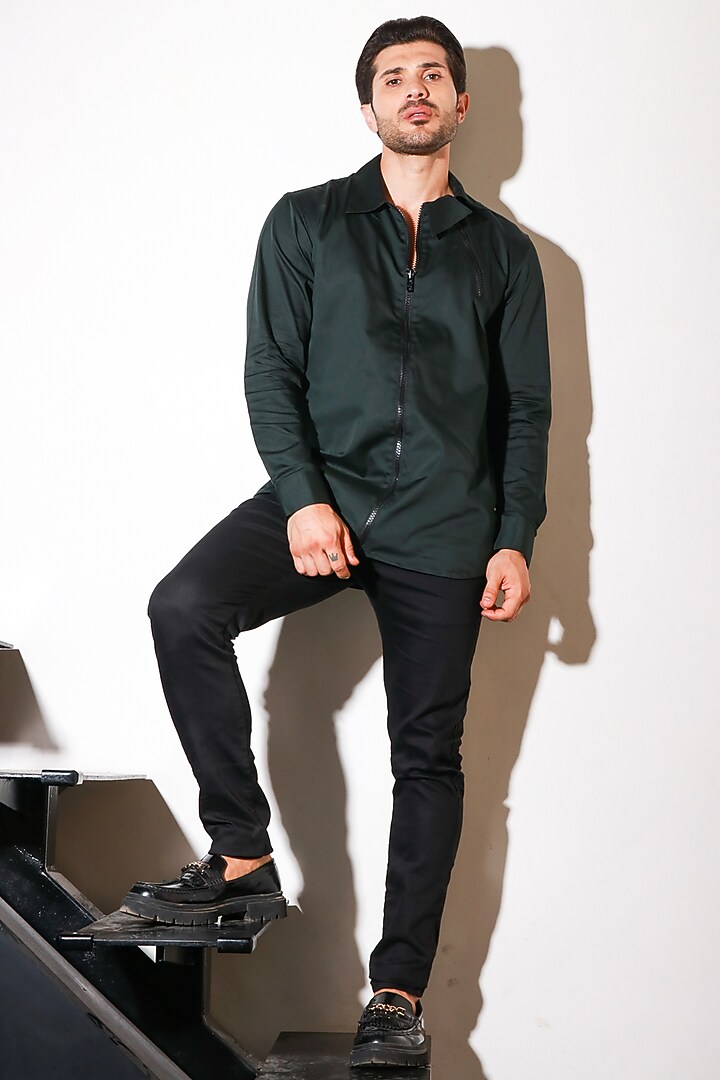 Green Lycra Party Wear Shirt by ECHKE Men at Pernia's Pop Up Shop