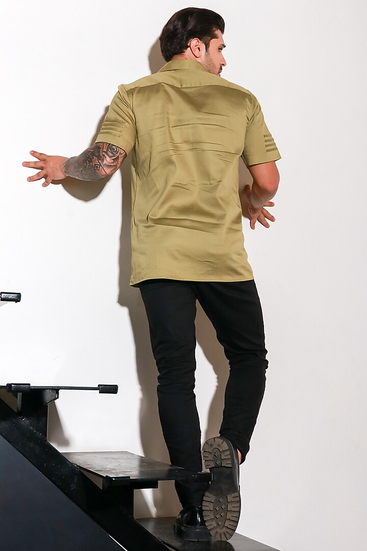 Moss Green Pearl Cotton Lycra Party Wear Shirt by ECHKE Men at Pernia's Pop Up Shop