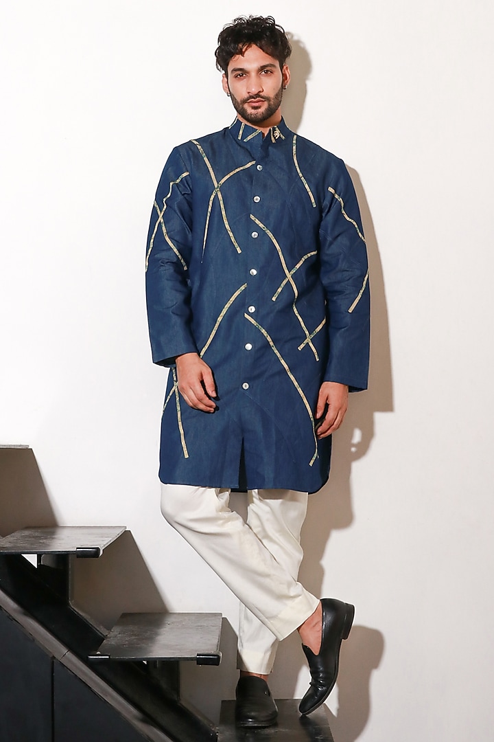 Blue Denim Kurta Set by ECHKE Men