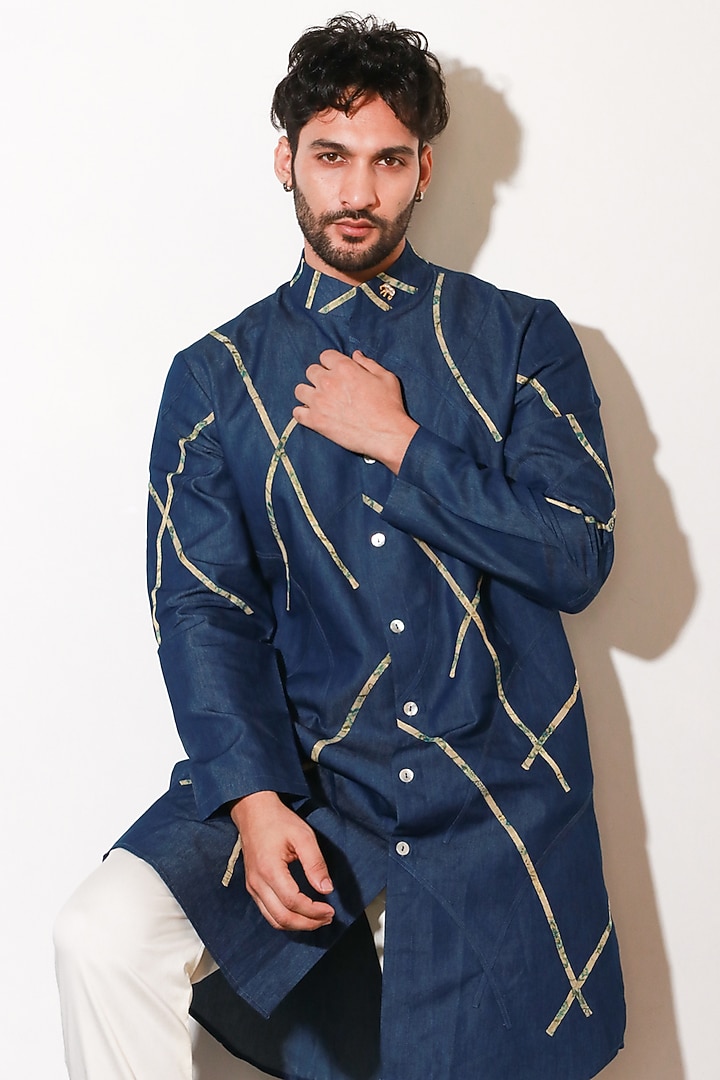 Blue Denim Kurta Set by ECHKE Men at Pernia's Pop Up Shop