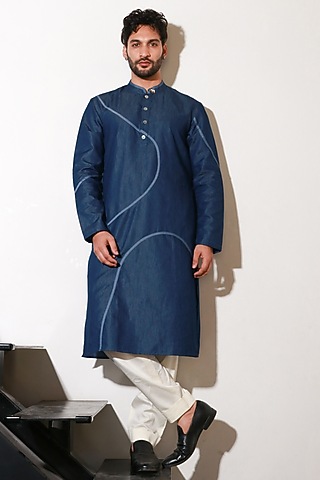 Blue Denim Kurta Set by ECHKE Men