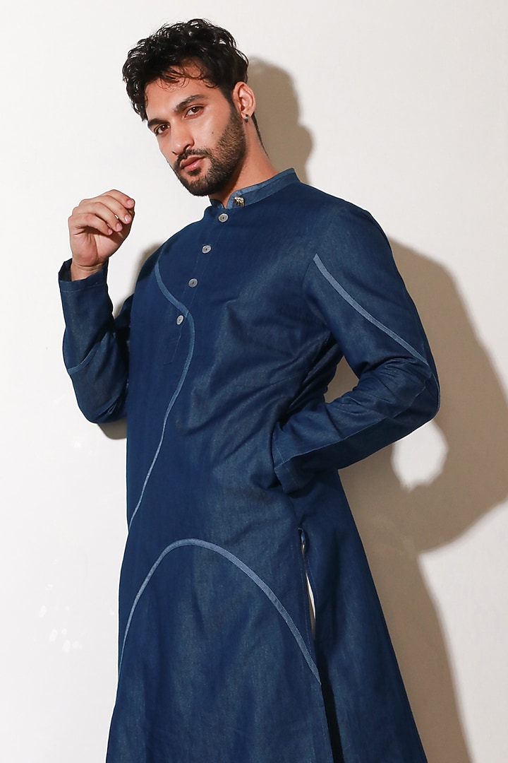 Blue Denim Kurta Set by ECHKE Men at Pernia's Pop Up Shop