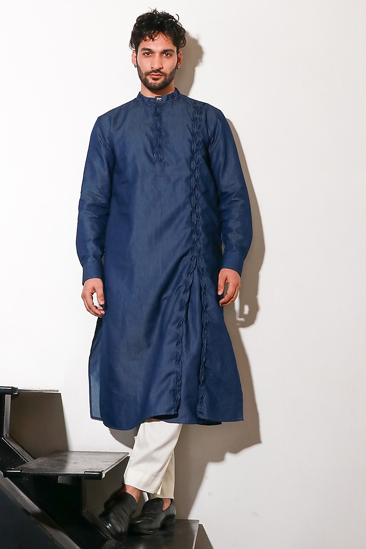 Blue Denim Kurta Set by ECHKE Men