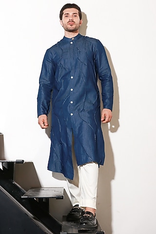 Blue Denim Kurta Set by ECHKE Men