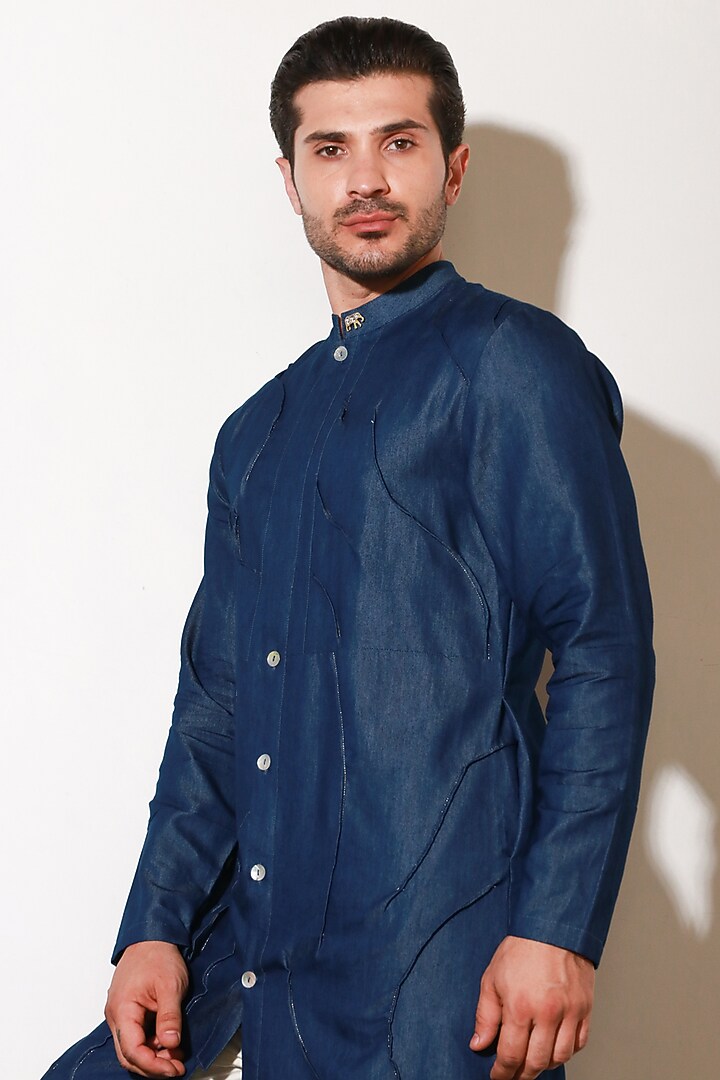 Blue Denim Kurta Set by ECHKE Men at Pernia's Pop Up Shop