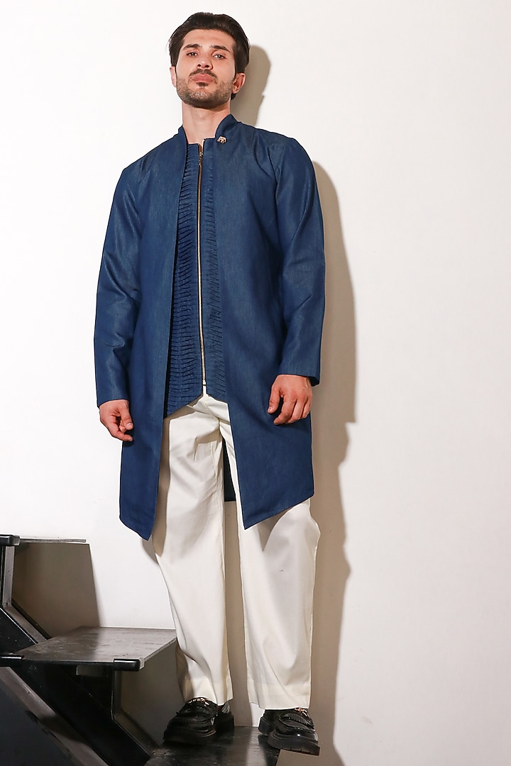 Blue Denim Jacket Kurta Set by ECHKE Men at Pernia's Pop Up Shop