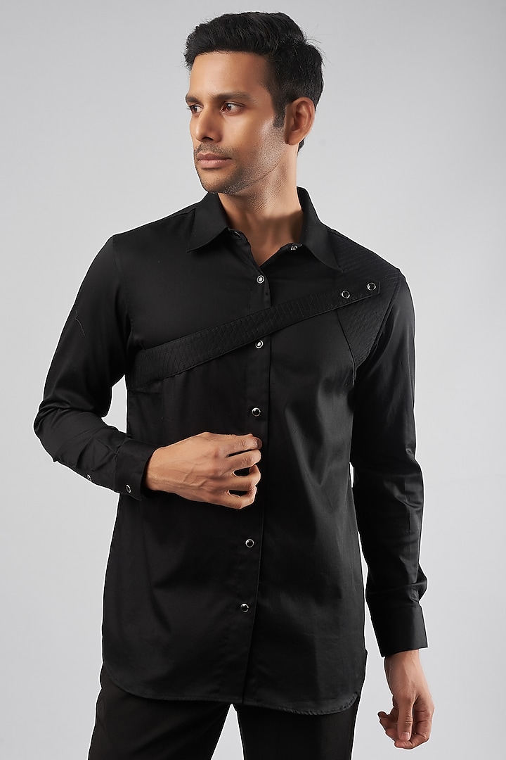 Black Cotton Blend Quilted Shirt by ECHKE Men