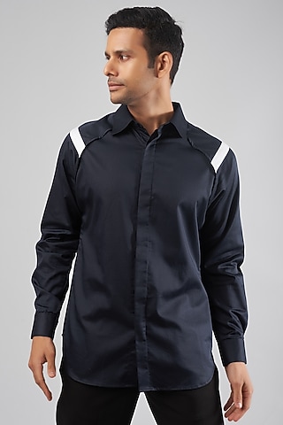 Dark Blue Cotton Blend Shirt by ECHKE Men