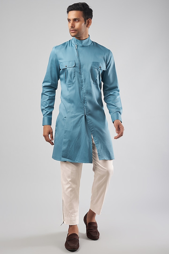 Slate Blue Cotton Blend Indowestern Set by ECHKE Men