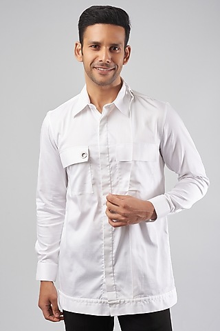 White Cotton Blend Shirt by ECHKE Men