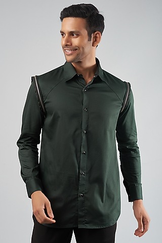 Dark Green Cotton Blend Shirt by ECHKE Men