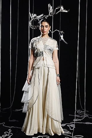 Ivory Mysore Silk & Organza Embroidered Jacket Set by eclat by Prerika