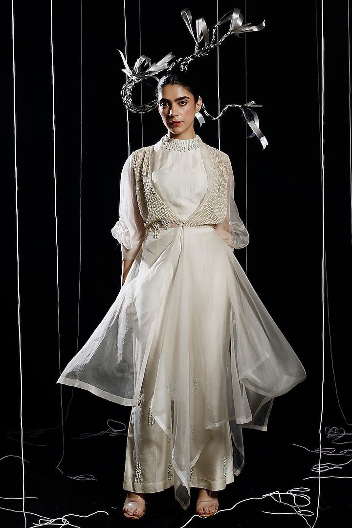 Ivory Mysore Silk & Organza Embroidered Jacket Set by eclat by Prerika