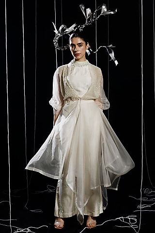 Ivory Mysore Silk & Organza Embroidered Jacket Set by eclat by Prerika