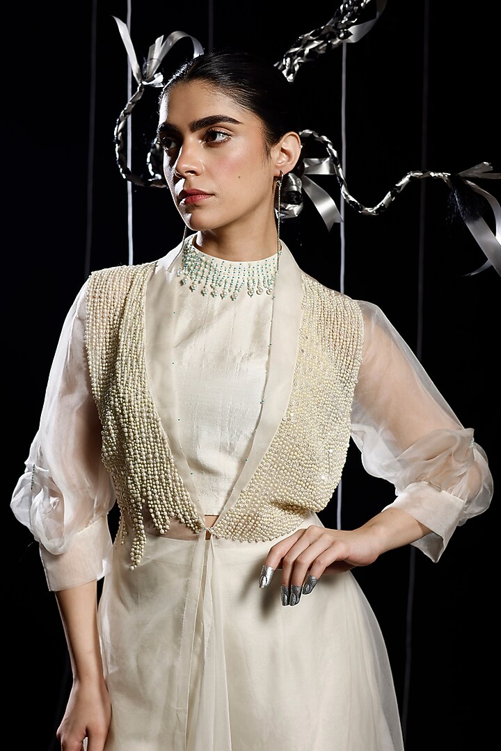Ivory Mysore Silk & Organza Embroidered Jacket Set by eclat by Prerika at Pernia's Pop Up Shop