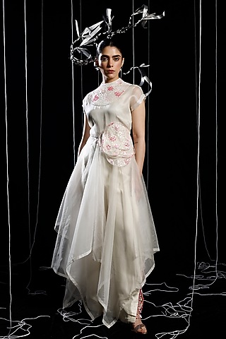 Ivory Mysore Silk & Organza Pant Set by eclat by Prerika