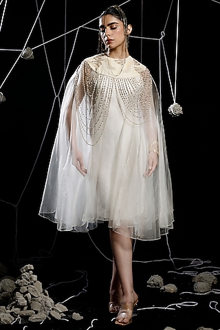 Ivory Organza Embroidered Jacket Dress by eclat by Prerika