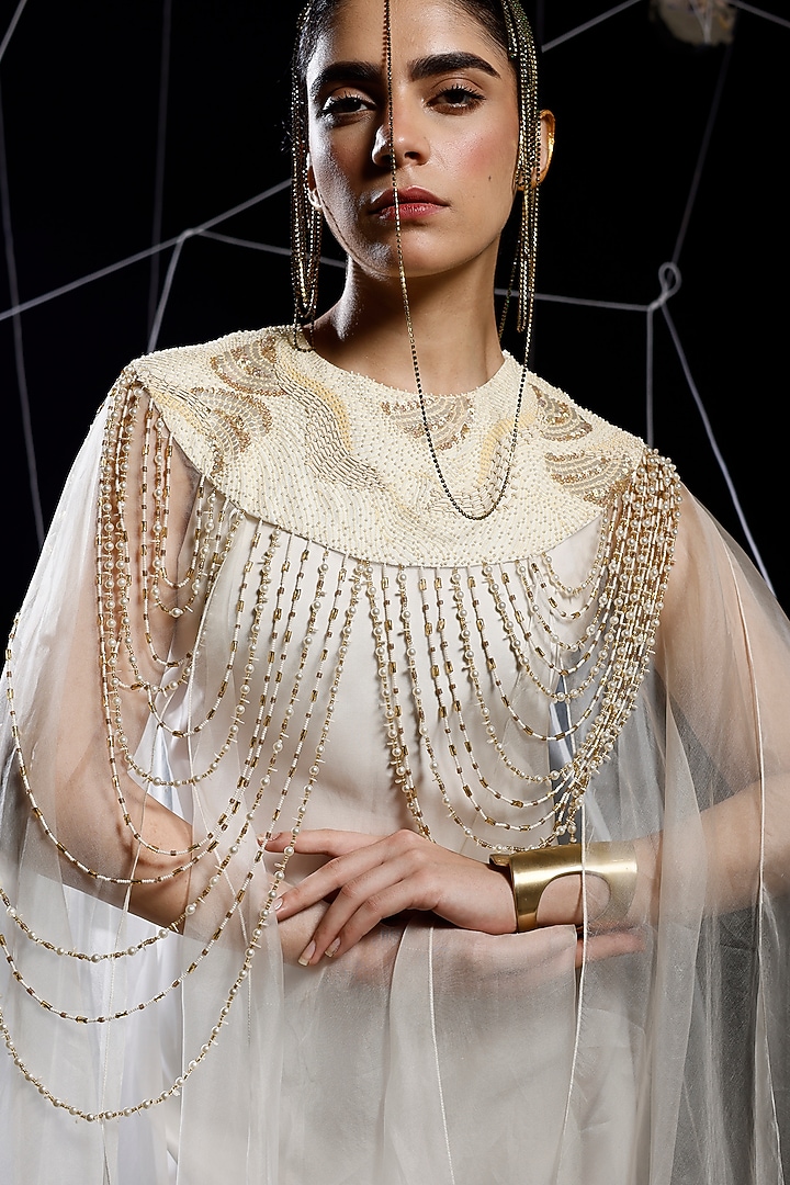 Ivory Organza Embroidered Jacket Vacation Dress by eclat by Prerika at Pernia's Pop Up Shop