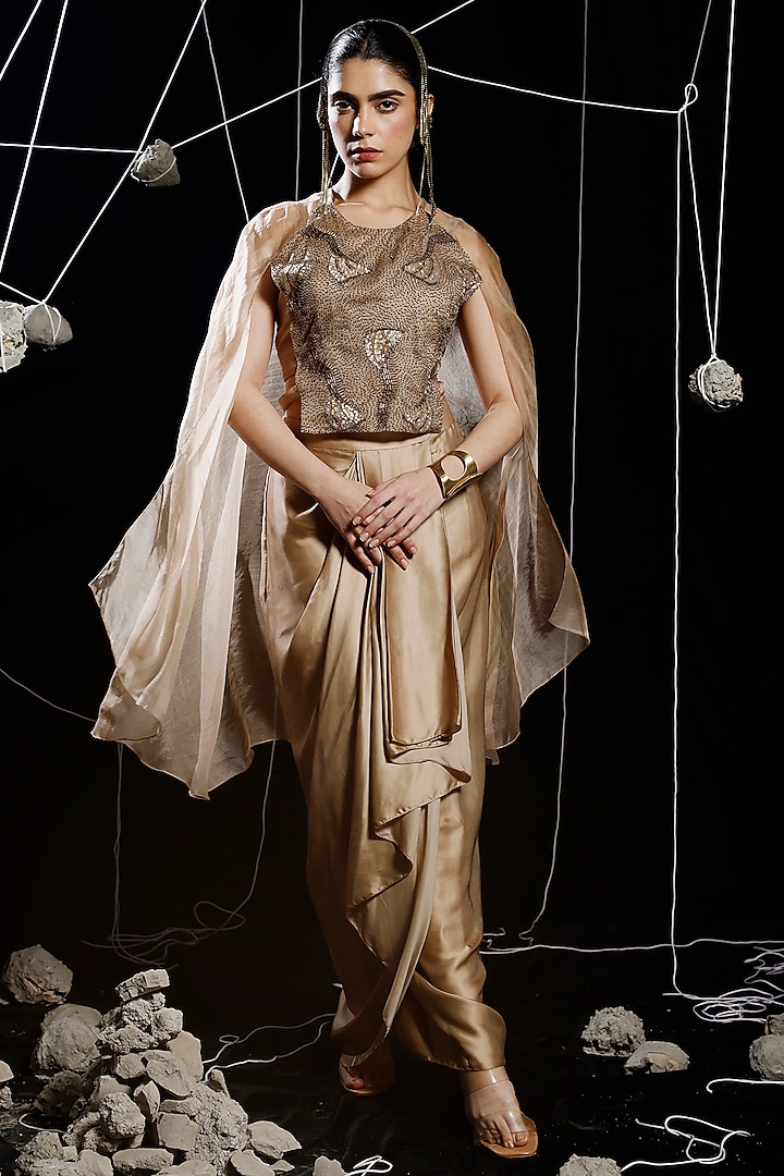Sand Colored Organza Embroidered Draped Cape Set by eclat by Prerika