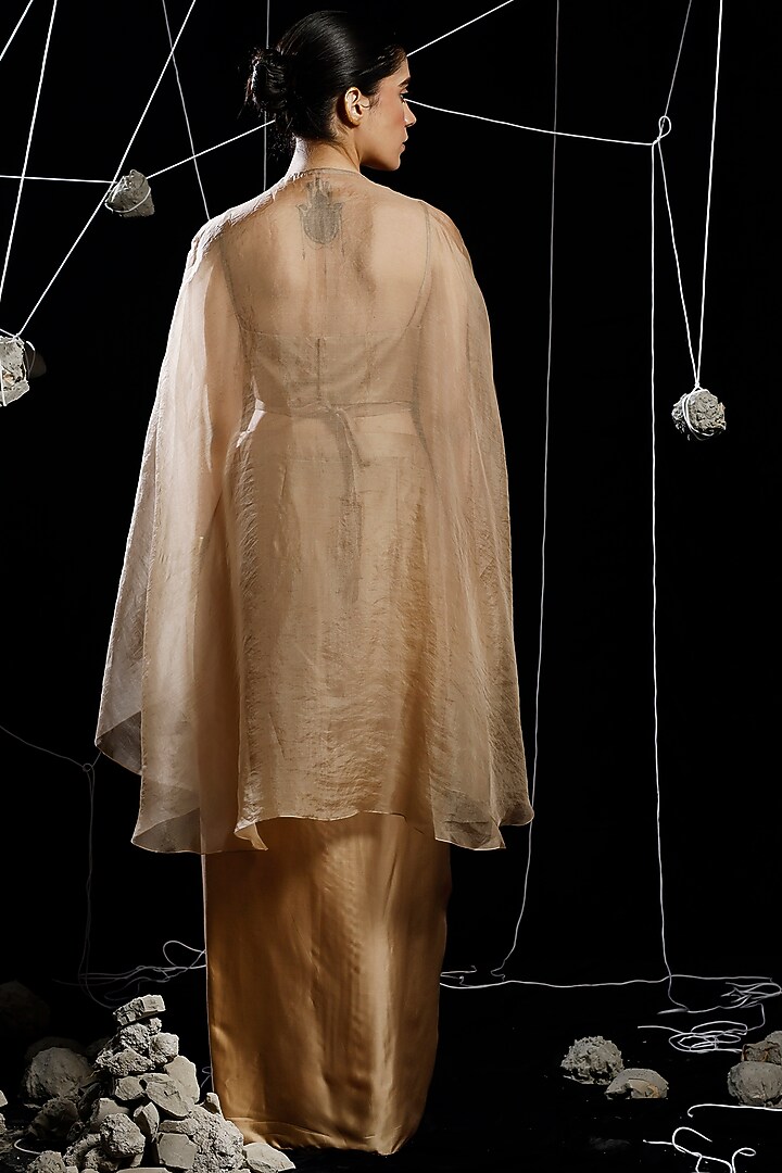 Sand Colored Organza Embroidered Draped Cape Set by eclat by Prerika at Pernia's Pop Up Shop