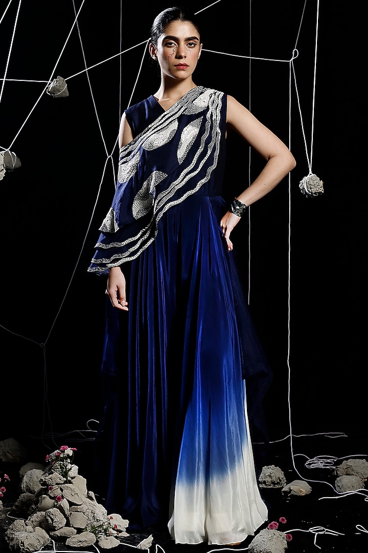 Midnight Blue Ombre Organza & Mysore Silk Embroidered Jumpsuit by eclat by Prerika