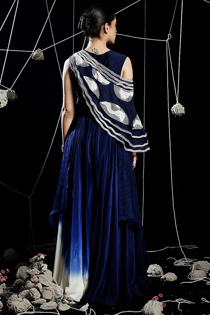 Midnight Blue Ombre Organza & Mysore Silk Embroidered Jumpsuit by eclat by Prerika at Pernia's Pop Up Shop