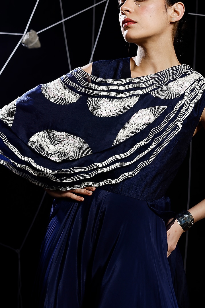 Midnight Blue Ombre Organza & Mysore Silk Embroidered Jumpsuit by eclat by Prerika at Pernia's Pop Up Shop