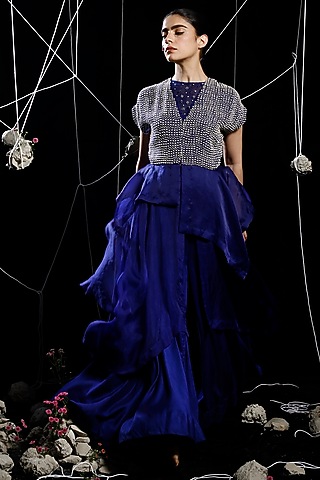 Cobalt Blue Organza & Mysore Silk Embroidered Peplum Jacket Set by eclat by Prerika