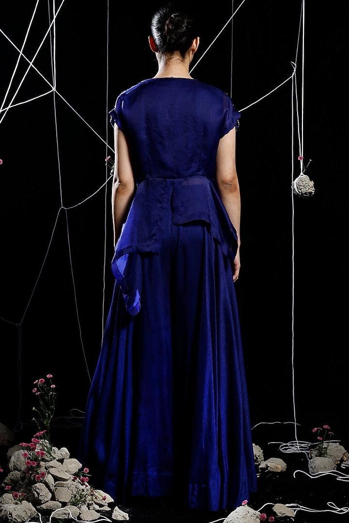 Cobalt Blue Organza & Mysore Silk Embroidered Peplum Jacket Set by eclat by Prerika at Pernia's Pop Up Shop
