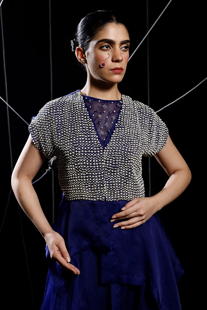 Cobalt Blue Organza & Mysore Silk Embroidered Peplum Jacket Set by eclat by Prerika at Pernia's Pop Up Shop