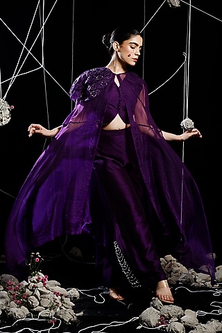 Violet Organza & Mysore Silk Applique Embroidered Jacket Set by eclat by Prerika