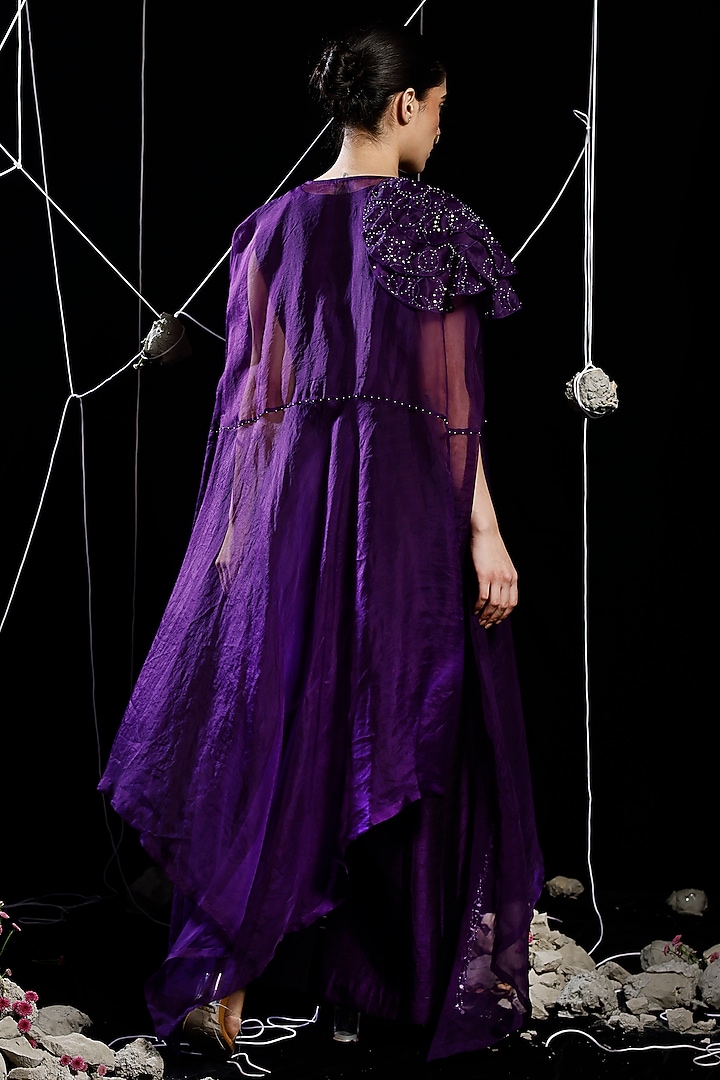 Violet Organza & Mysore Silk Applique Embroidered Jacket Set by eclat by Prerika at Pernia's Pop Up Shop