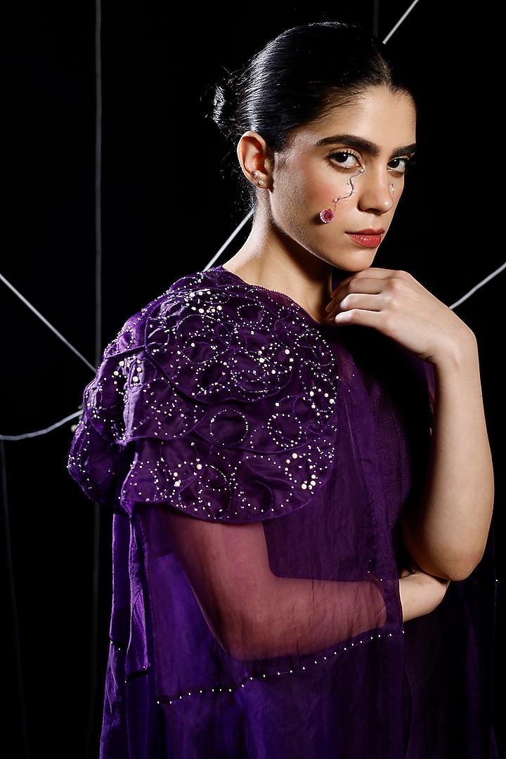 Violet Organza & Mysore Silk Applique Embroidered Jacket Set by eclat by Prerika at Pernia's Pop Up Shop