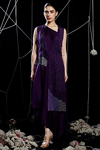 Violet Organza & Satin Linen Embroidered Jacket Dress by eclat by Prerika