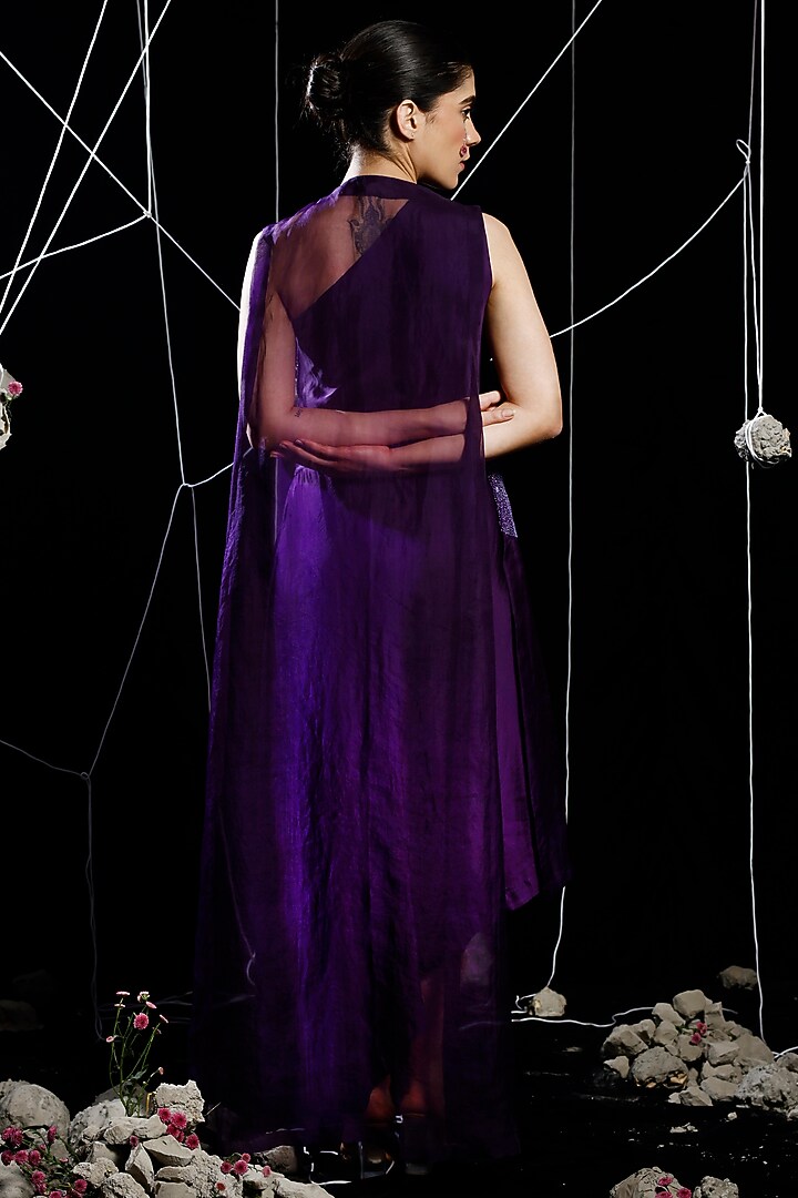 Violet Organza & Satin Linen Embroidered Jacket Vacation Dress by eclat by Prerika at Pernia's Pop Up Shop