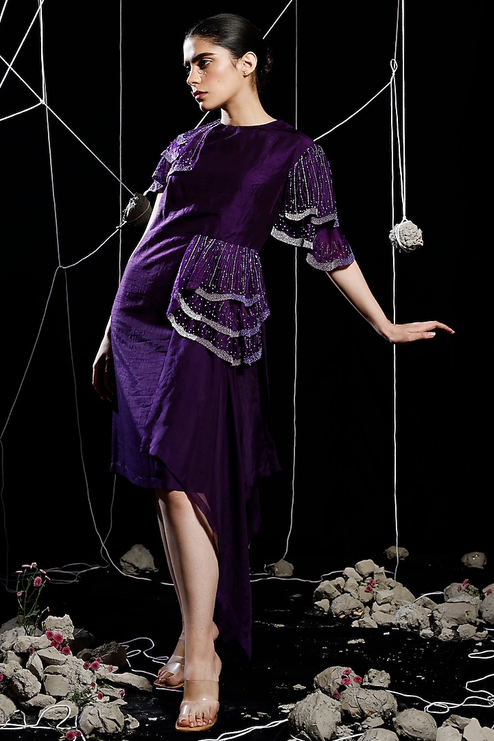 Violet Organza & Mysore Silk Applique Embroidered Draped Dress by eclat by Prerika