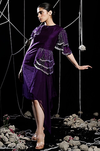 Violet Organza & Mysore Silk Applique Embroidered Draped Dress by eclat by Prerika