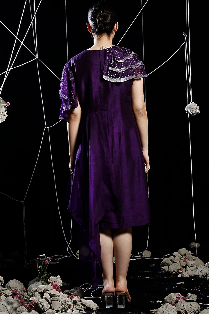 Violet Organza & Mysore Silk Applique Embroidered Draped Vacation Dress by eclat by Prerika at Pernia's Pop Up Shop