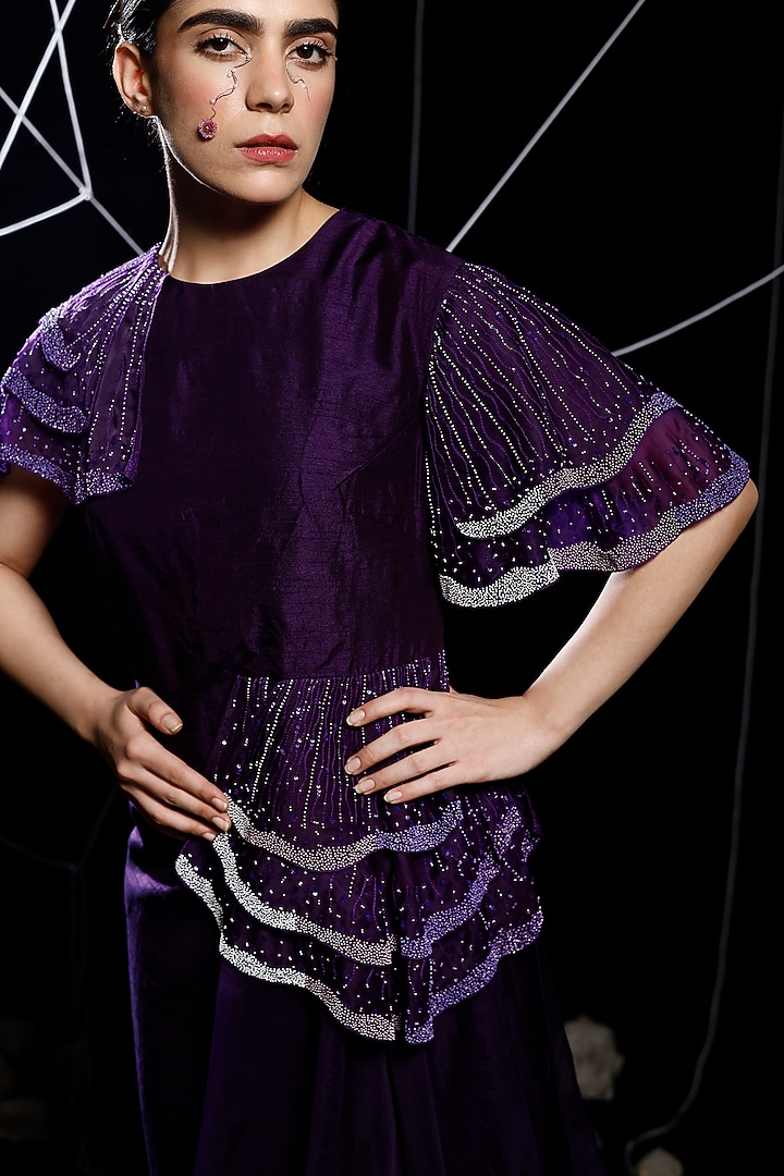 Violet Organza & Mysore Silk Applique Embroidered Draped Vacation Dress by eclat by Prerika at Pernia's Pop Up Shop