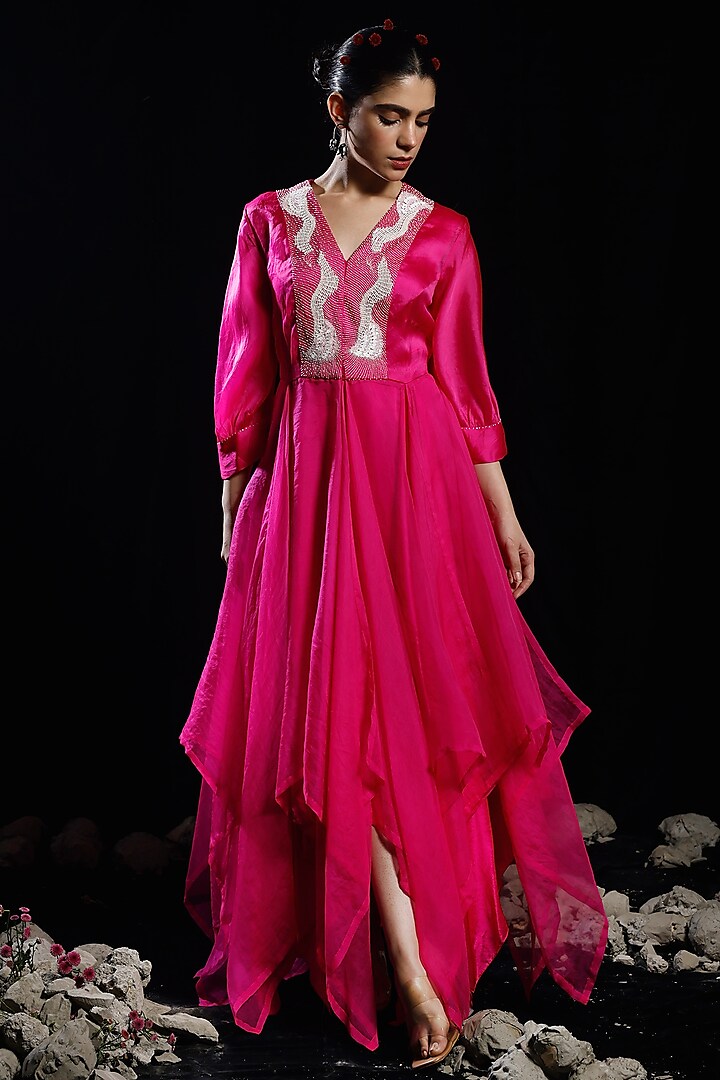 Fuchsia Satin & Organza Embroidered Draped Jacket Dress by eclat by Prerika