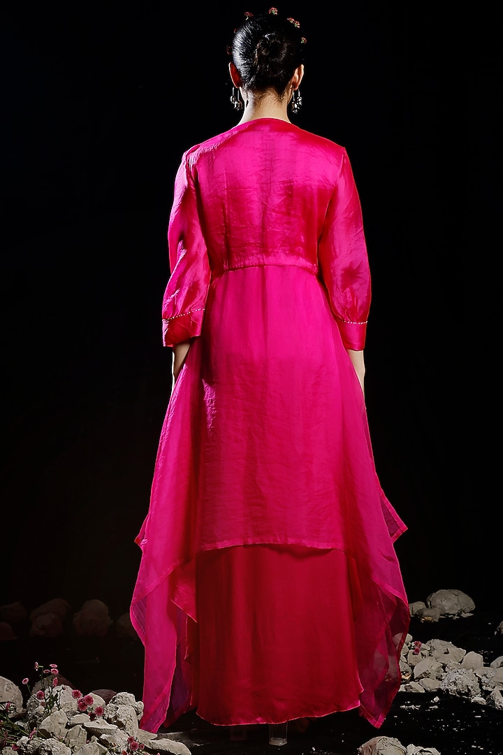 Fuchsia Satin & Organza Embroidered Draped Jacket Cocktail Dress by eclat by Prerika at Pernia's Pop Up Shop