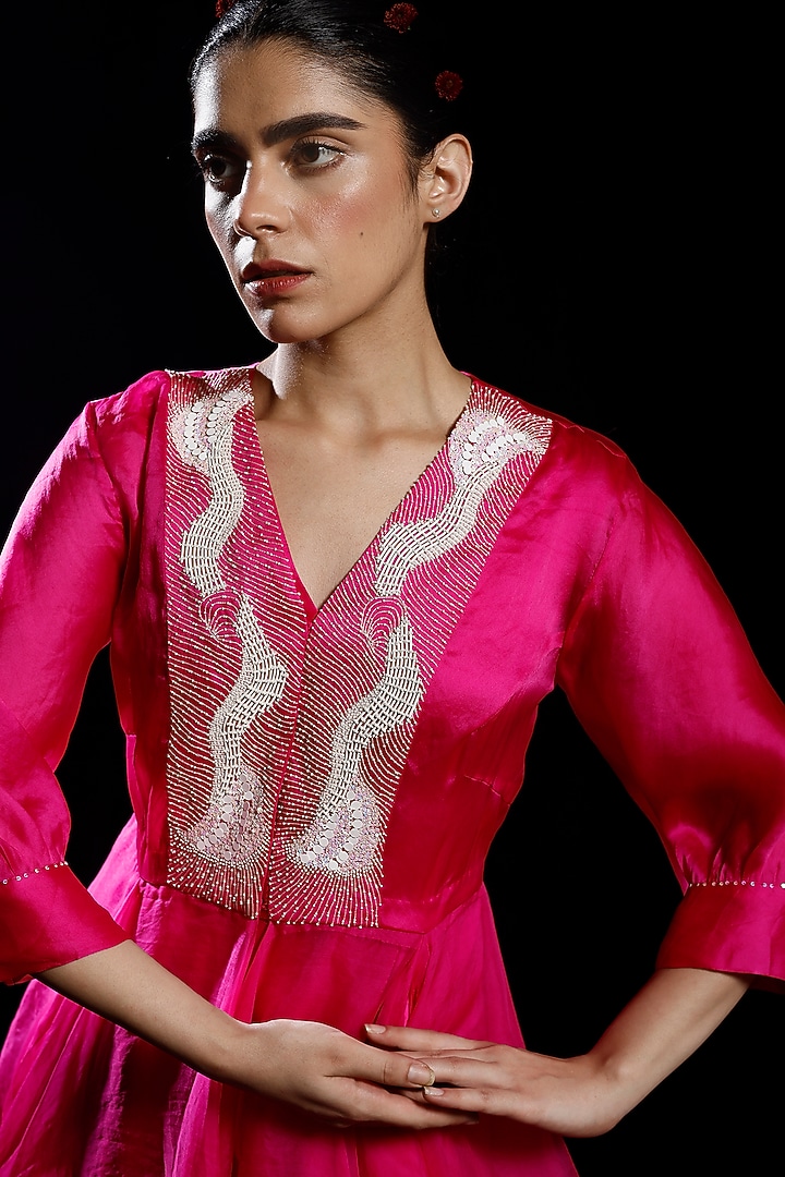 Fuchsia Satin & Organza Embroidered Draped Jacket Cocktail Dress by eclat by Prerika at Pernia's Pop Up Shop